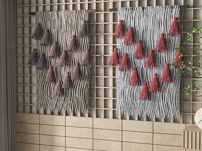 Wall Decor With Striped Design Purple Red Tassels On Grid Tile Wall And Plant 3d model