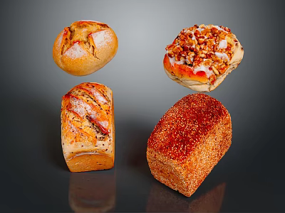 Different Types Of Artisan Breads With Nuts Sesame Seeds And Crusty Tops 3d model