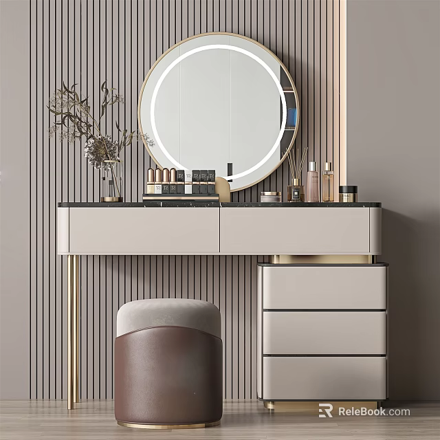 Modern Dressing Table With Round Mirror Cosmetics Leather Stool And Storage Drawers Against Striped Wall 3d model 