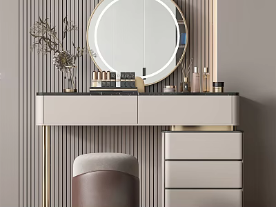 Modern Dressing Table With Round Mirror Cosmetics Leather Stool And Storage Drawers Against Striped Wall 3d model