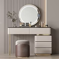 Modern Dressing Table With Round Mirror Cosmetics Leather Stool And Storage Drawers Against Striped Wall