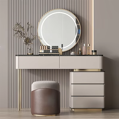 Modern Dressing Table With Round Mirror Cosmetics Leather Stool And Storage Drawers Against Striped Wall 3d model