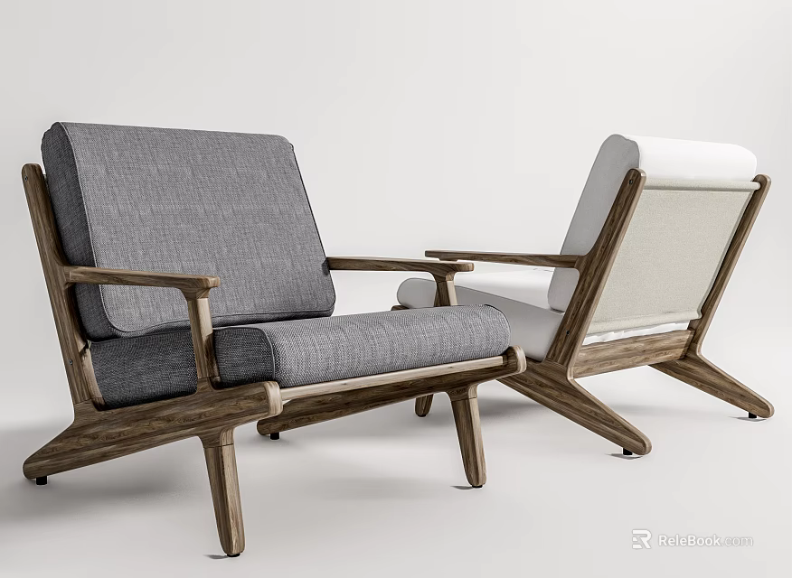 Modern Single Sofa With Wooden Frame And Gray White Fabric Cushion 3d model 