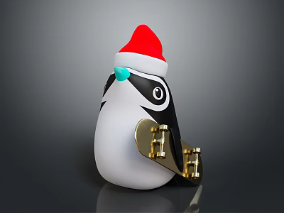 Cute Penguin Character Wearing Red Santa Hat With Golden Decorations And Black White Body 3d model