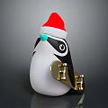 Cute Penguin Character Wearing Red Santa Hat With Golden Decorations And Black White Body