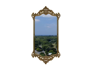 Ornate Gold Framed Mirror Reflecting Green Trees Lawn Sea View And Blue Sky 3d model