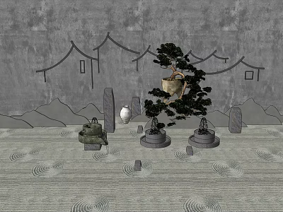 New Chinese style landscape sketch courtyard landscape sketch pine stone mill 3d model