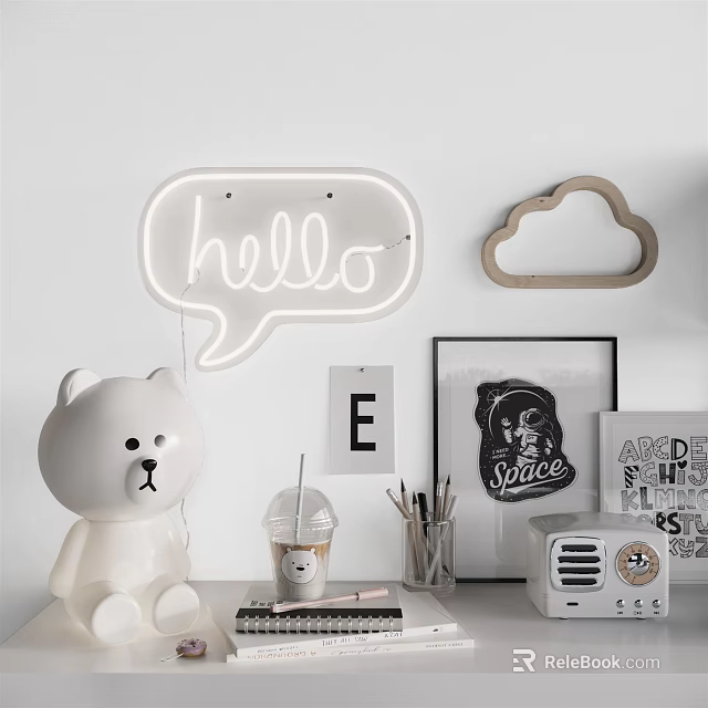 Ornament Decoration Set Featuring White Bear Figurine Hello Neon Sign Cloud Decor And Vintage Radio 3d model 