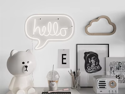 Ornament Decoration Set Featuring White Bear Figurine Hello Neon Sign Cloud Decor And Vintage Radio 3d model