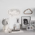 Ornament Decoration Set Featuring White Bear Figurine Hello Neon Sign Cloud Decor And Vintage Radio
