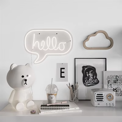 Ornament Decoration Set Featuring White Bear Figurine Hello Neon Sign Cloud Decor And Vintage Radio 3d model