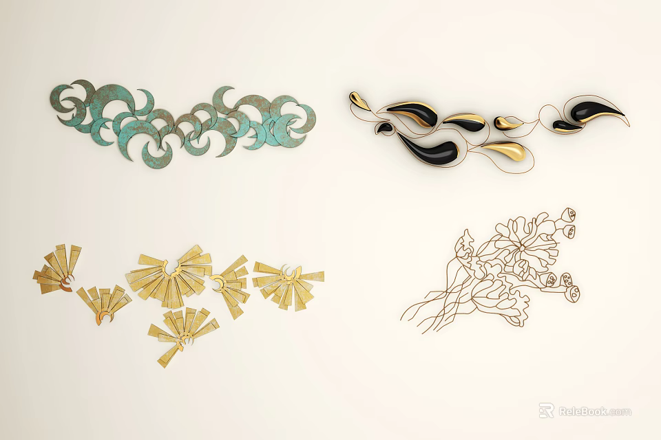 Artistic Wall Decor Featuring Curved Metal Designs Gold Fan And Floral Patterns 3d model 