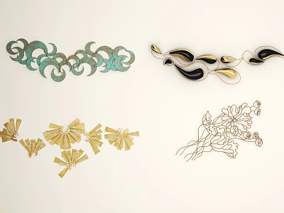 Artistic Wall Decor Featuring Curved Metal Designs Gold Fan And Floral Patterns 3d model