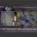 Cartoon Scene Red Brick Building With Arched Windows Roof Pine Trees Staircase And Blue Box