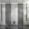 Modern Office Corridor With Elevators Marble Flooring Potted Plants Windows And Linear Ceiling Lights 3d model