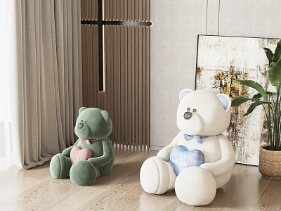 Two Teddy Bear Plush Toys With Heart Shapes In Living Room 3d model