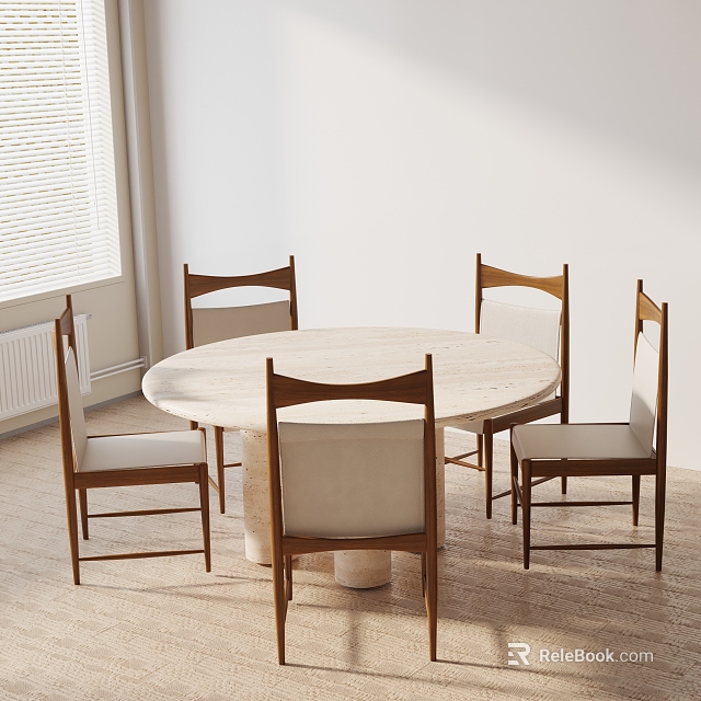 Modern Minimalist Round Dining Table Set With Marble Top And Wooden Frame Chairs 3d model 