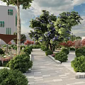 Urban Plaza With Palm Trees Stone Pavement Green Landscaping And Pedestrians
