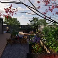 Serene Courtyard Garden With Wooden Deck Stone Wall Red Tree And Outdoor Dining Setup