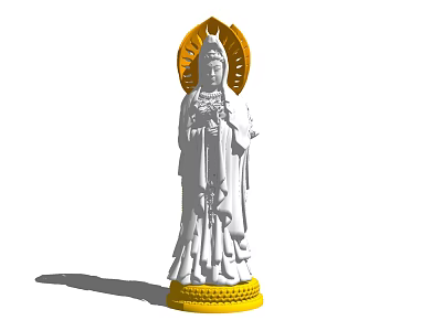 Guanyin Sculpture Carving With Golden Halo White Body And Golden Base Intricate Details 3d model