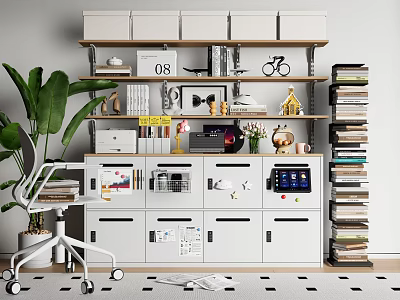 White Storage Cabinet Rack With Open Shelves Drawers Books Decorations Green Plant And Rolling Chair 3d model