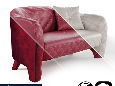 Elegant Red And White Leather Two Seater Sofa With Quilted Design And Decorative Pillow 3d model