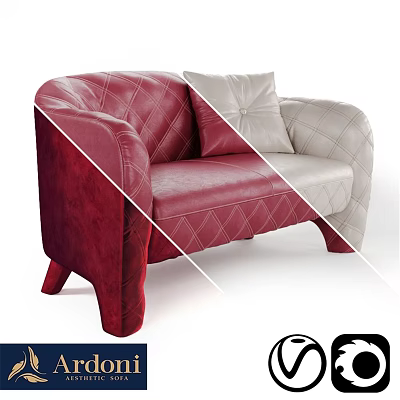 Elegant Red And White Leather Two Seater Sofa With Quilted Design And Decorative Pillow 3d model