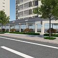 Commercial Street Storefront With Glass Doors Stone Facade Awning Logo Sign And Green Plants