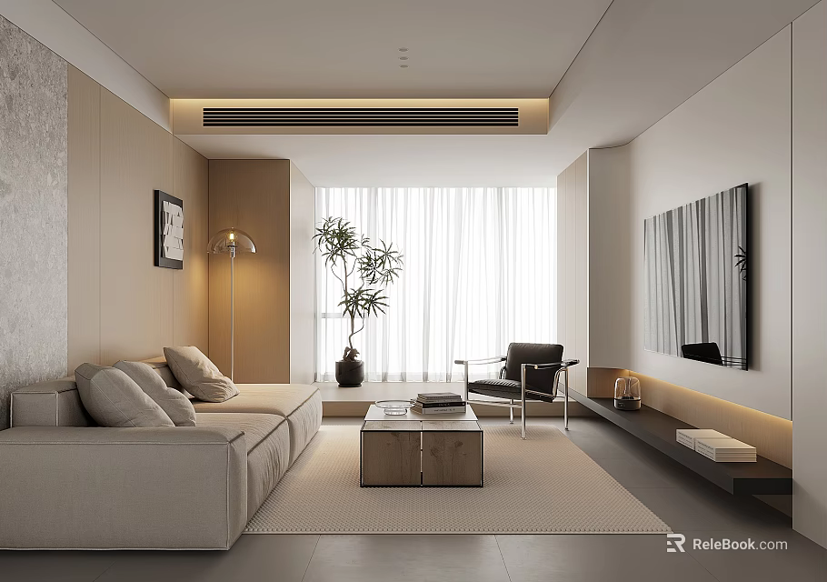 Modern Living Room Interior With Beige Sofa Wooden Coffee Table And Green Plant 3d model 