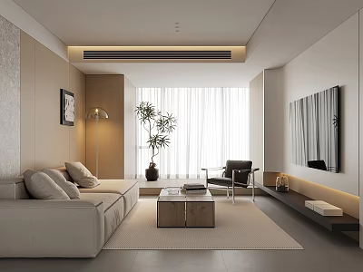 Modern Living Room Interior With Beige Sofa Wooden Coffee Table And Green Plant 3d model