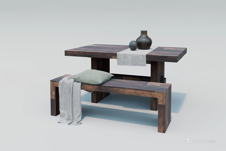 Rustic Wooden Dining Table Set With Matching Bench Green Cushion Gray Throw And Decorative Vases 3d model
