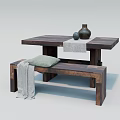 Rustic Wooden Dining Table Set With Matching Bench Green Cushion Gray Throw And Decorative Vases 3d model