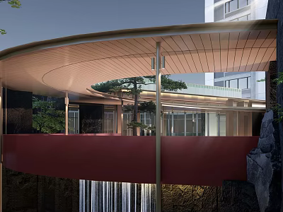 Modern Garden Landscape With Curved Roof Red Railing Waterfall Glass Windows And Green Plants 3d model