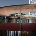 Modern Garden Landscape With Curved Roof Red Railing Waterfall Glass Windows And Green Plants