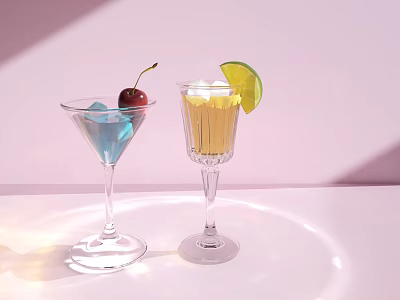 Blue And Yellow Cocktail Glasses With Cherry And Lime On White Surface Pink Background 3d model