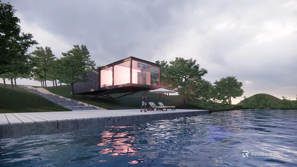 Contemporary Hillside Villa With Overhanging Design Swimming Pool Natural Surroundings And Illuminated Interior 3d model 