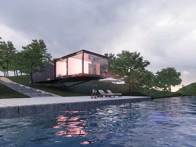 Contemporary Hillside Villa With Overhanging Design Swimming Pool Natural Surroundings And Illuminated Interior 3d model