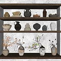Illuminated Wooden Shelves Display Various Ceramic Vessels Vases Pots And Decorative Plants
