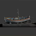 Wooden Boat Model with Orange White Hull on Coastal Display Base and Sand Water Elements