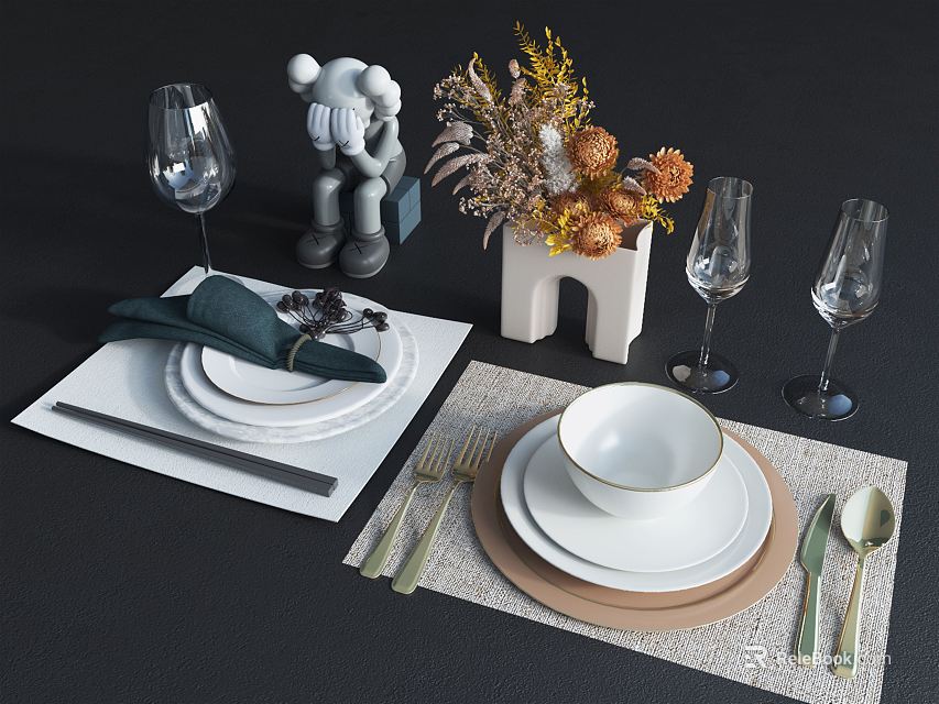 Elegant Dinnerware Set with Plates Bowl Forks Knives Wine Glasses Napkin Flowers and Sculpture 3d model 