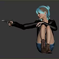Blue haired woman in black leather jacket blue shorts sitting holding phone on gray background