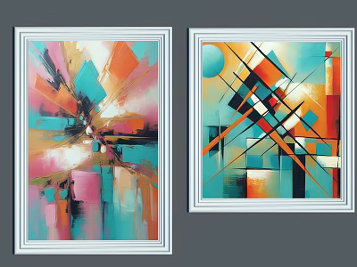 Colorful Abstract Paintings With Geometric Shapes Vibrant Hues And White Frames 3d model