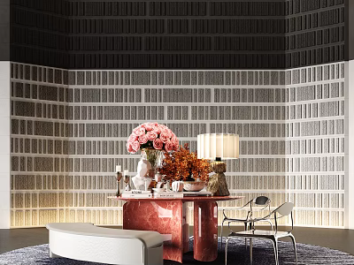 Modern Functional Table in Living Room with Textured Wall Pink Flowers and Table Lamp 3d model