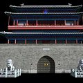 Ancient Traditional Architecture Multi story Gate Tower With Gray Tiled Roof Red Walls And Stone Lions