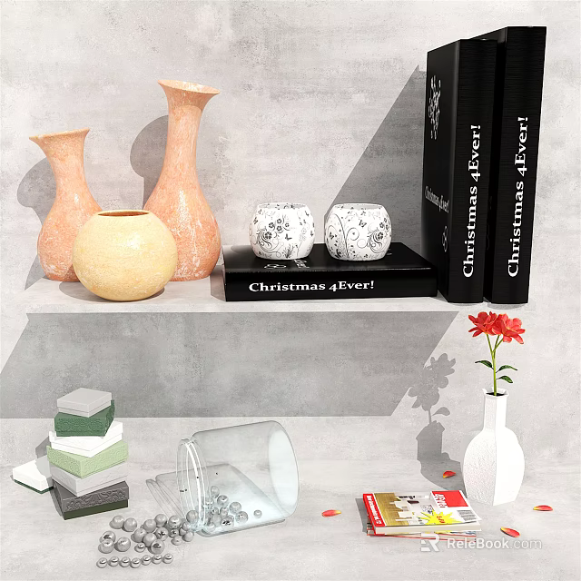 Decorative Ornament Set With Vases Patterned Jars Christmas Books Geometric Decor Glassware And Red Flower 3d model 