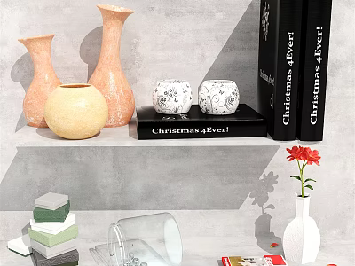 Decorative Ornament Set With Vases Patterned Jars Christmas Books Geometric Decor Glassware And Red Flower 3d model