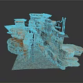 Layered Rock Formation Scene With Orange Beige Textures And Metal Components