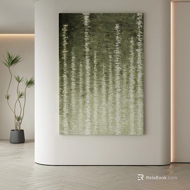 Abstract Painting With Green Beige Vertical Texture In Modern Minimalist Interior With Plant 3d model 