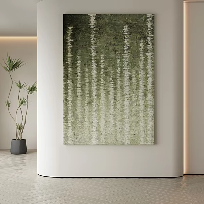 Abstract Painting With Green Beige Vertical Texture In Modern Minimalist Interior With Plant 3d model