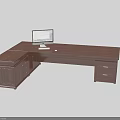 Modern Walnut Office Desk With Drawers And Laptop On Smooth Surface